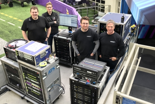 (L-R) Gary Trenda (lead RF tech), Cameron Stuckey (RF tech), Justin Van Winkle (production manager), and Jim Van Winkle (general manager) on hand at the recent Super Bowl in Minneapolis to handle the wireless aspects of on-field audio.